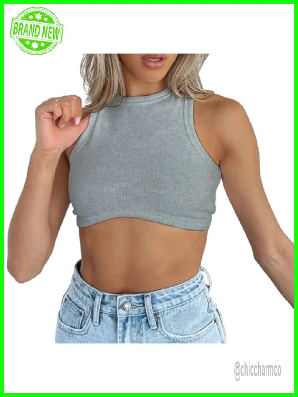 Ribbed Knit Sleeveless Crew Neck Racerback Cropped Tank Top